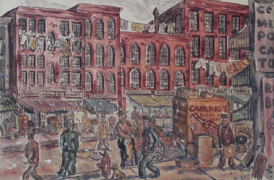 Milford Goldfarb - Busy New York Street Scene, 1943: Milford Goldfarb (American, 20thc. ), Busy New York Street Scene, 1943, watercolor on paper, signed and dated, April 20, 1943, lower right, 14.5 x 22 in., matted and framed