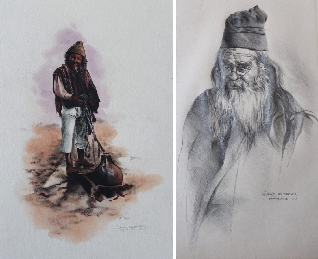 Milford Goldfarb - Chinese Scholar & Andean Man: Milford Goldfarb (American, 20thc. ) Chinese Scholar & Andean ManAndean Man, 1944, watercolor on paper, signed and dated 1944, lower right, 12 x 7 in.Chinese Scholar, 1945, graphite on paper, signed a