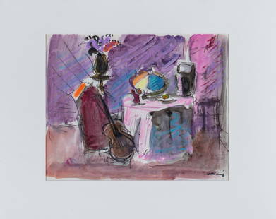 Joseph Benjamin O'Sickey (American, 1918-2013) Still: Joseph Benjamin O'Sickey (American, 1918-2013)Still Life with GuitarWatercolorSigned lower right10 1/2 in. h. x 13 in. w.,image 16 in. h. x 20 in. w., mat Joseph O'Sickey, born in Detroit in 1918,