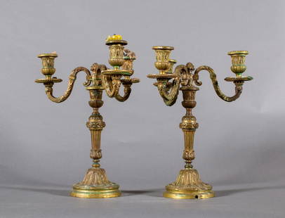 Pair of Bronze 19th Century French three light: Pair of Bronze 19th Century French three light candelabra14 in. h.