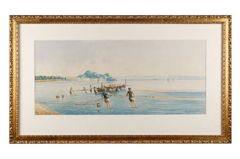 Neopolitan Fishing Scene, 19th Century Italian School: Neopolitan Fishing Scene, 19th Century Italian SchoolWatercolor on paperSigned lower right (illegible)10 1/2 in. h. x 24 in. w., image 18 in. h. x 31 in. w., as framed