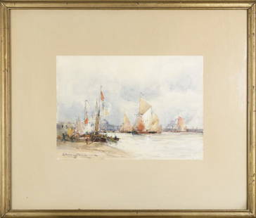 Venice from the Harbor, 19thc. British School: Venice from the Harbor, 19thc. British SchoolWatercolor on paperSigned illegably lower left, perhaps Hunt10 in. h. x 13 3/4 in. w.