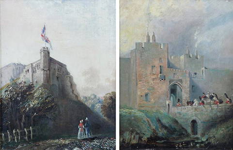 Samuel Bough (British, 1822-1878) Carlyle Castle,: Samuel Bough (British, 1822-1878) Carlyle Castle, Castle Gate and St Mary's Tower, a pair of paintings, c.1865Oil on canvasTitled and inscribed verso9 1/2 in. h. x 7 1/2 in. w., each canvas 14 1/4