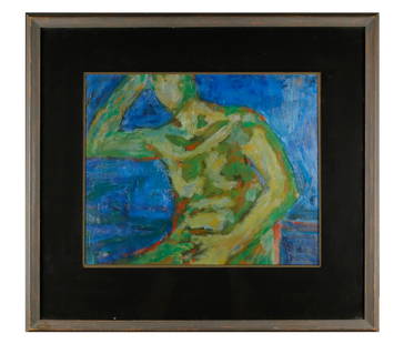 William Schock (American, 1913-1976) Seated Green Nude: William Schock (American, 1913-1976)Seated Green NudePolymer on panelSigned lower right10 1/4 in. h. x 12 1/2 in. w., image 17 in. h. x 18 3/4 in. w., as framed