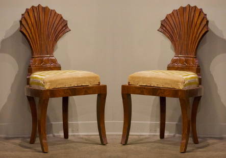 Pair of Biedermeier Carved Side Chairs, ca. 1830: Pair of Biedermeier Carved Side Chairs, ca. 1830Upholstered Seats and Cockle Shell Motif 35.5 in. h.