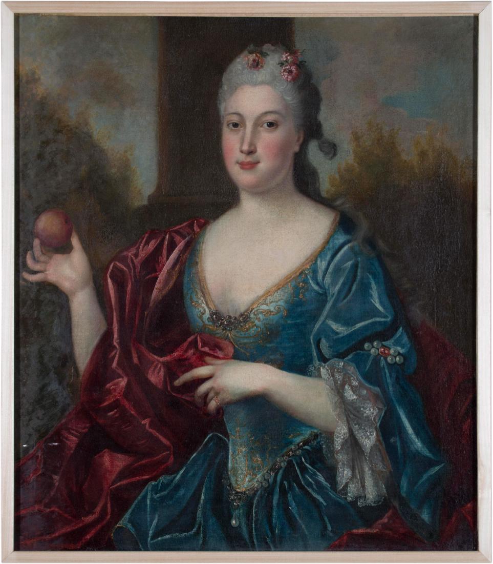 Continental Portrait of Woman with Apple, 18th century: Continental Portrait of Woman with Apple, 18th centuryOil on canvas33 1/2 in. h. x 29 in. w., canvas 34 in. h. x 30 in. w., as framed