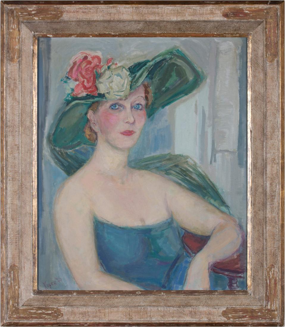 Rose Kuper (American, 1888-1987) Woman with Floral Hat,: Rose Kuper (American, 1888-1987)Woman with Floral Hat, 1949Oil on canvasSigned and dated lower left30 in. h. x 25 in. w., canvas 38 1/4 in. h. x 33 1/4 in. w., as framed
