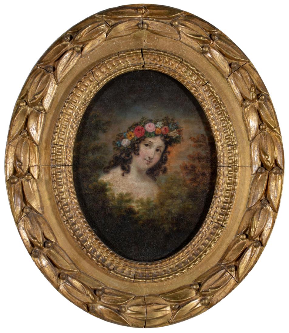 19th Century American Portrait of a Young Woman Adorned: 19th Century American Portrait of a Young Woman Adorned with Curls and Beautifully Painted FlowerOil on Panel9.5 in. h. x 7.5 in. w, panel 15 in. h x 13 in. w., framedin an oval gilt carved framed