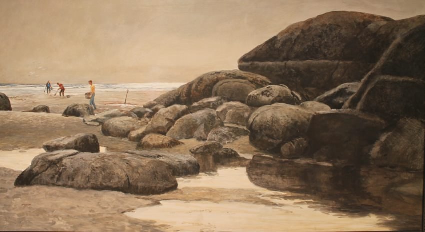 John C. Pellew (American 1903-1993) The Clam Diggers: Oil on board. Signed lower left. Image 22 in. h. x 42 in w. Framed 29 in. h. x 48.5 in. w.