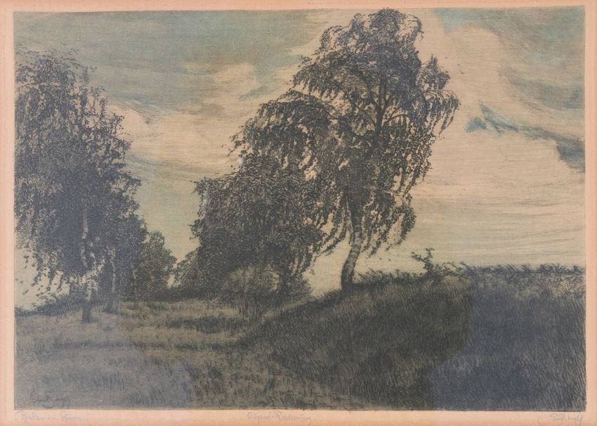 Emil Singer (Czech 20thc.) Birches in Storm: Colored etching. Image 10.25 in. h. x 14.25 in. w. Framed 20.25 in. h. x 23.25 in. w.
