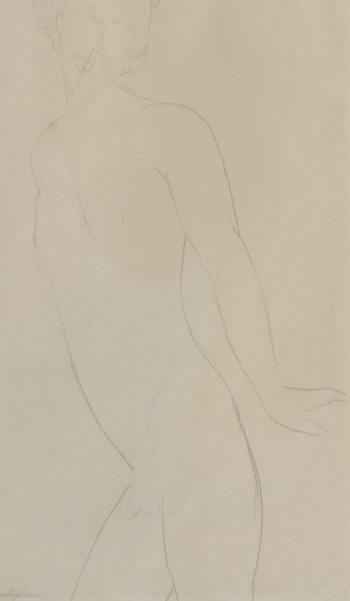 After Amedeo Modigliani (1884 - 1920) Male Nude: Offset Lithograph. Image 16.25 in. h. x 9.5 in. w. Framed 23 in. h. x 19 in w.