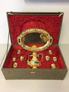 Chinese Rare Gold Gilded Silver Teaset: Gold gilding with enamel and jewels. In original fitted box. Total weight: 60 ozt. Tray: 14.5" x 10". Pot: 9" tall.