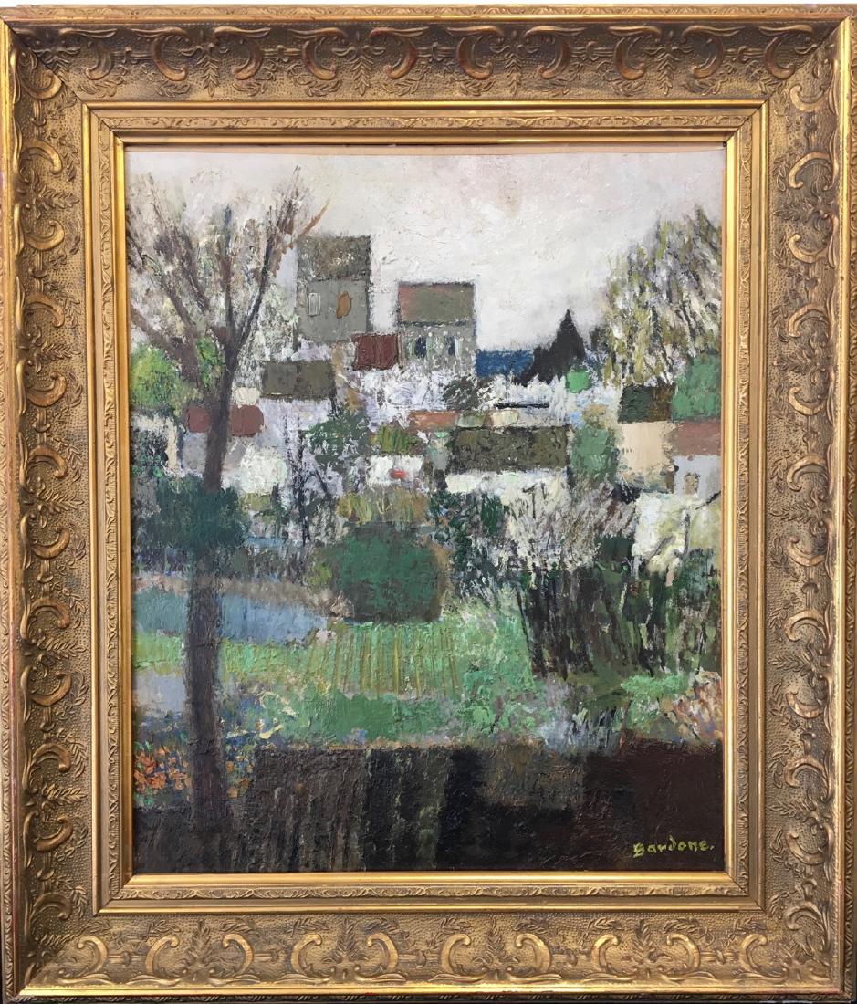 O/C by Guy Bardone, (village view of houses): Guy Bardone, French Born 1927, Image: 18" x 15", Frame: 24" x 21"