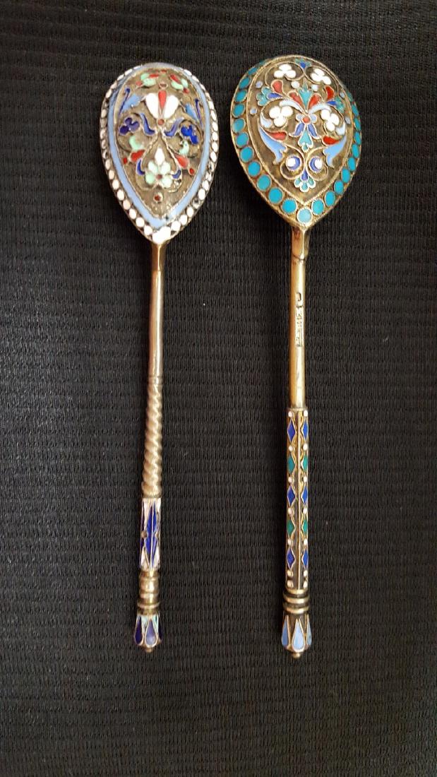 Two Russian Silver Enameled Spoons: Two Russian Antique Silver Enameled Hallmarked Spoons - 5'' L & 4 3/4'' L (from Queens, NY collection)