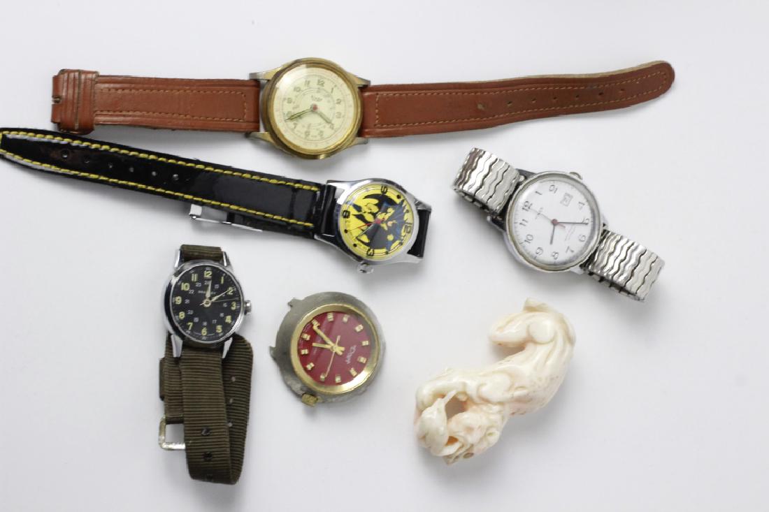 Lot Of 5 Old Watches And One Coral Lion: Lot Of Five Old Watches And One Coral Lion