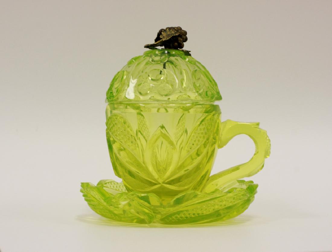 Bohemian 19thC Uranium Glass Cup, Saucer And Cover (1 of 6)