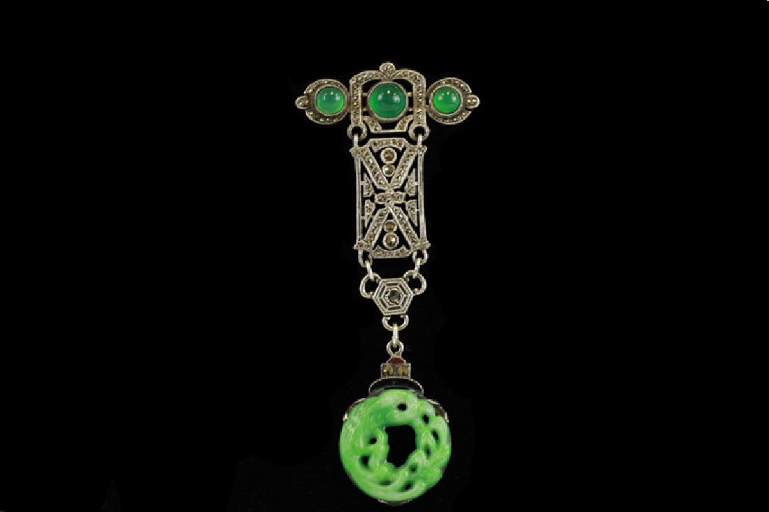 Art Deco Silver Jade And Marcasite Pendant: Art Deco Silver Jade And Marcasite Pendant Dimensions: 2 1/2"l From An Old Westbury Home
