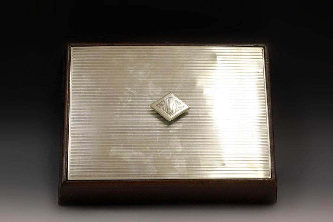 Art Deco Sterling Silver & Wood Humidor: Art Deco Sterling Silver & Wood Humidor Dimensions- H- 3" X W- 3" X D- 9 1/2" Weight Of Lid Only- 225.1g. 7.23ozt From Collection Of Distinguished Hamptons Socialite