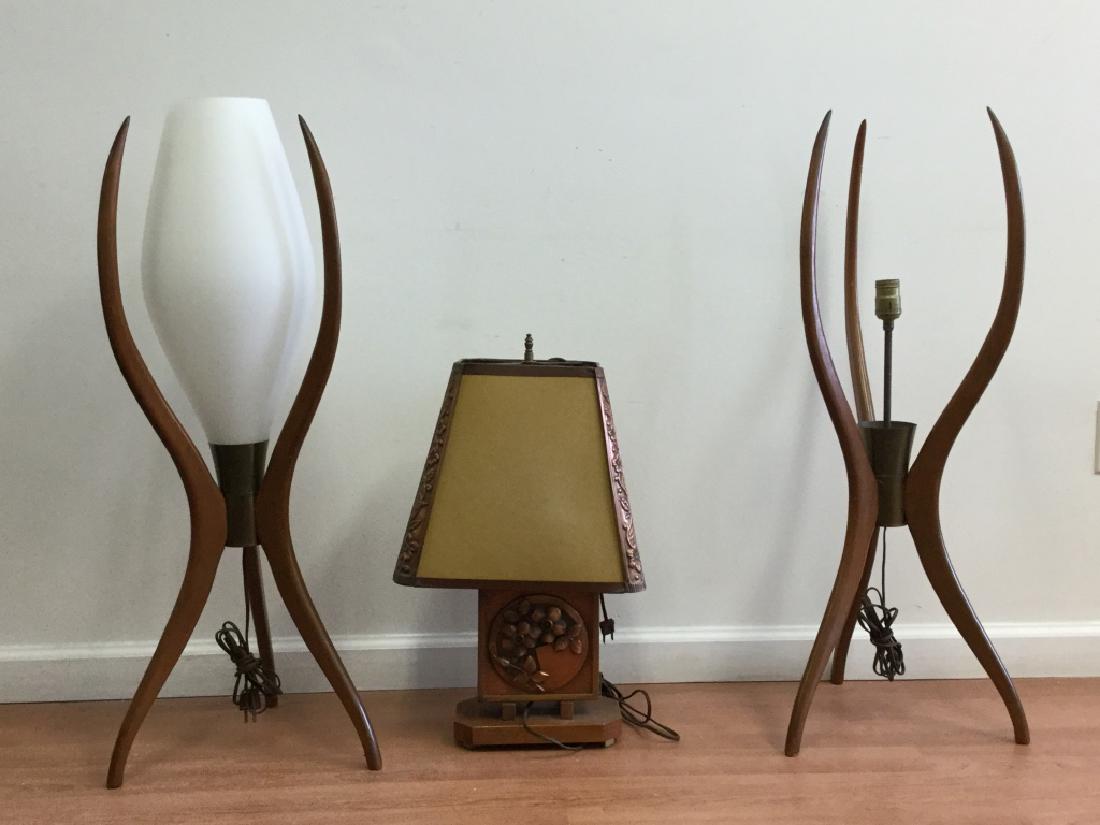 Pair Of Art Modern Lamps. And One Other: Pair Of Art Modern Lamps. (wood & Glass). And One Other. (one Shade Missing) Dimensions- H- 34". From Collection Of Distinguished Hamptons Socialite