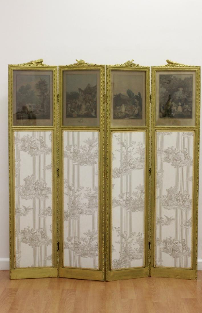 Old French 4 Panel Screen, Silk, Wood & Etchings (1 of 20)