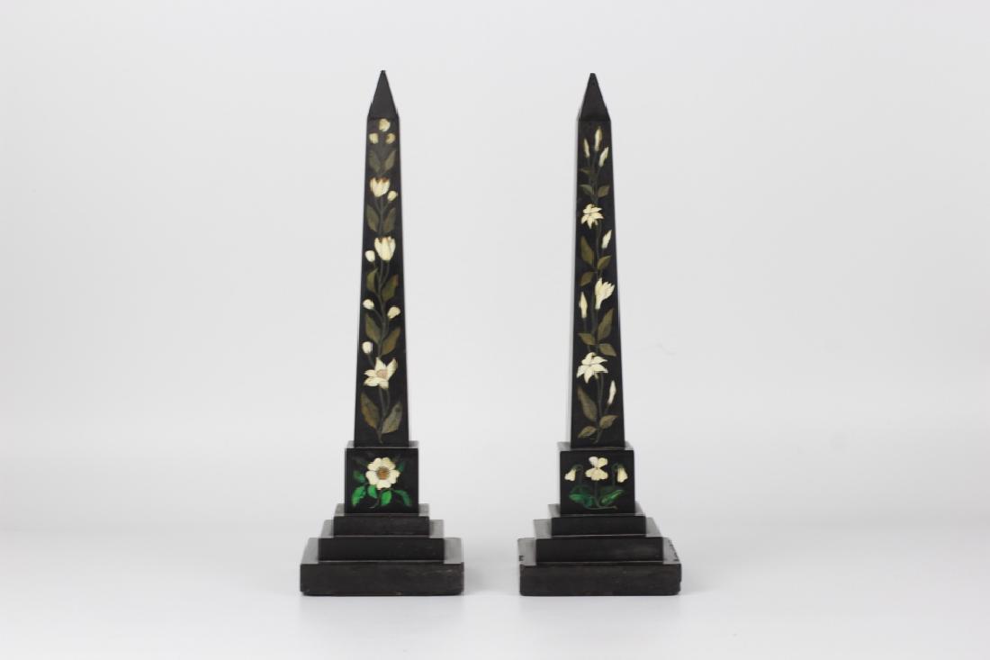 Pair Of Pietra Dura Obelisks: Pair Of Pietra Dura Obelisks. (Minor Chips). Dimensions- H- 14 1/2"