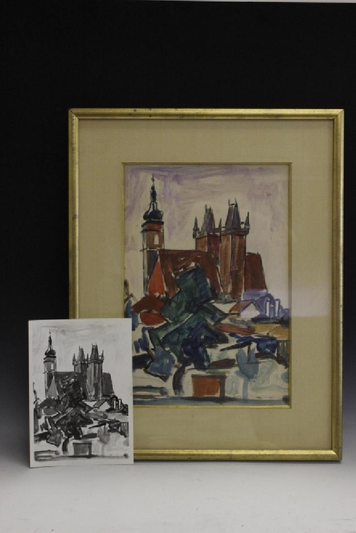 Francois Desnoyer, French (1894-1972) Gouache: Francois Desnoyer, French (1894-1972) Gouache on Paper "Cathedral At Prague", Purchased In Paris, 1970. Certificate Number: 2640. Dimensions- L- 12" x W- 8 14". w/ Frame- L- 17" x W- 13 1/4"