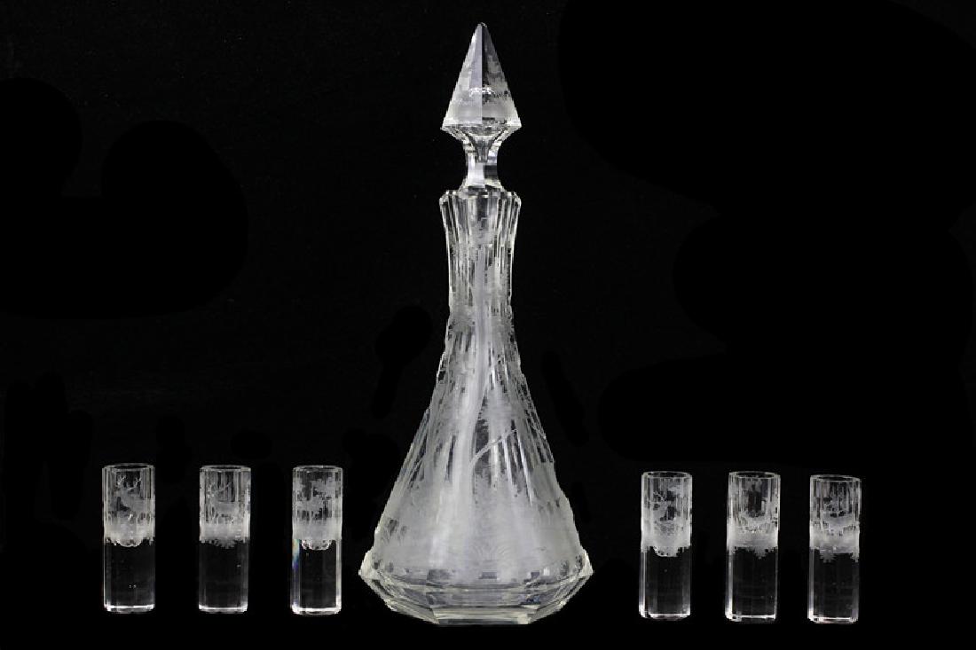 Set of Bohemian Carved Glass Decanter & 6 Shots (1 of 12)