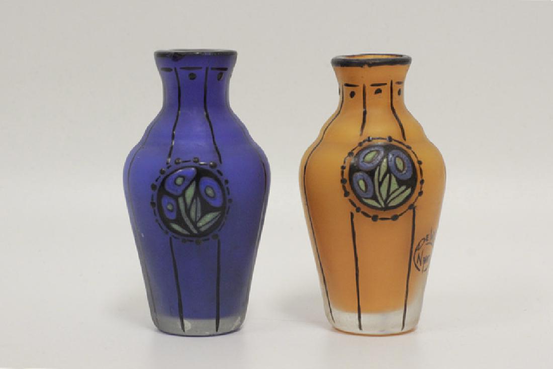 2 Art Deco Miniature Vases by Delatte Nancy: 2 Art Deco Miniature Vases by Delatte Nancy. Dimensions- H-3"
