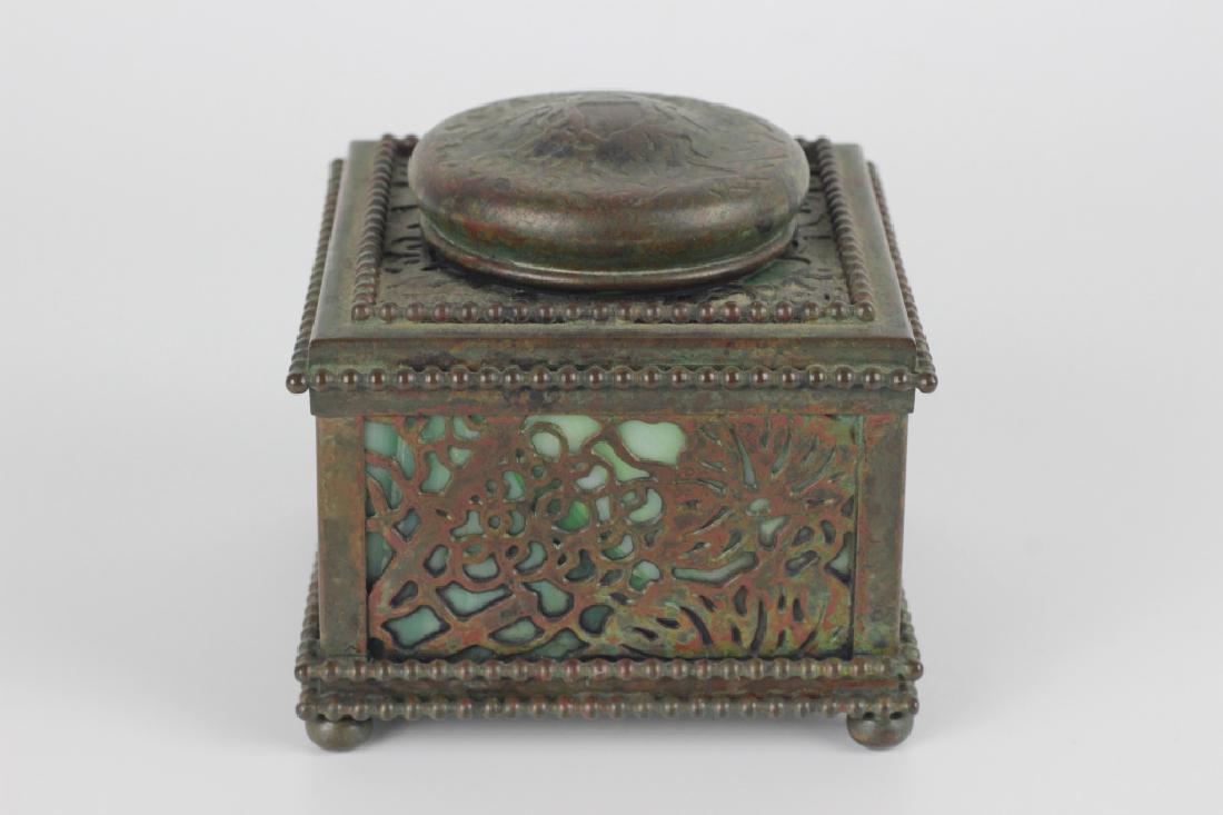 Tiffany Studios Glass & Bronze Square Inkwell: Tiffany Studios Glass & Bronze Square Inkwell w/ Original Glass Inkwell Insert. 3/25" Square.