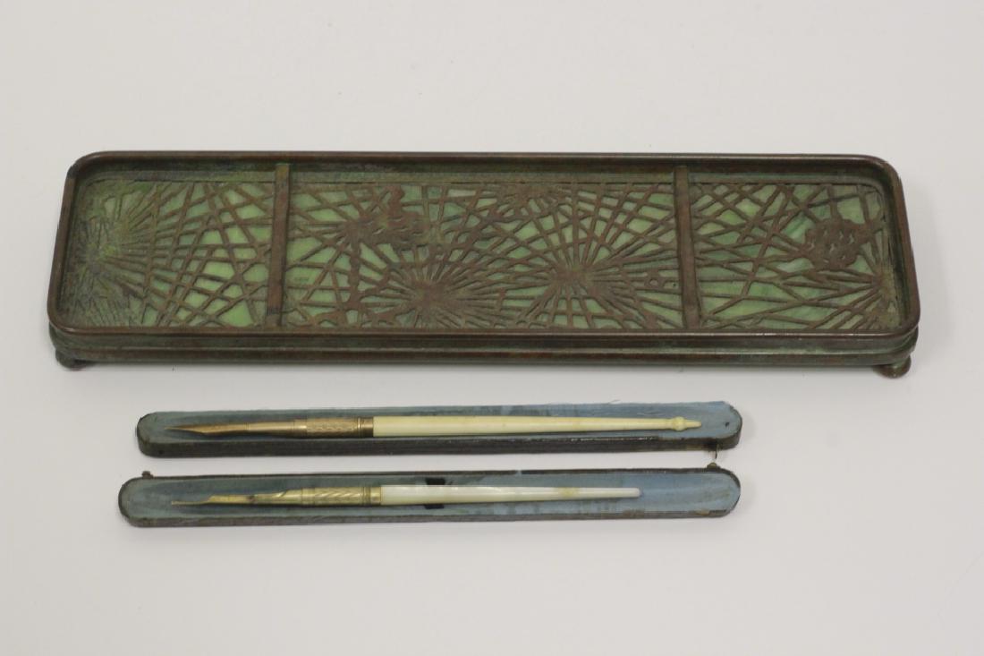 Tiffany Studios Glass & Bronze Pen Tray: Tiffany Studios Glass & Bronze Pen Tray w/ 2 Early 20th Century Pens. L-9.5" x W-2.75"