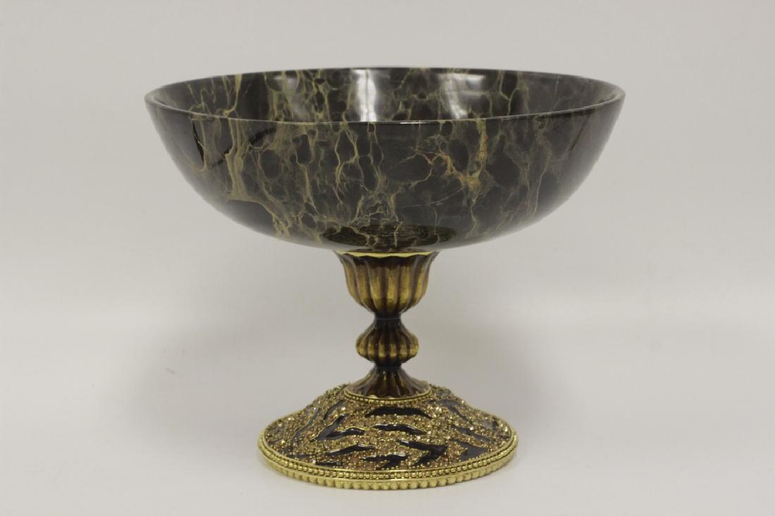 Jay Strongwater Tiger Stripe Stone Footed Bowl: Jay Strongwater Tiger Stripe Footed Stone Bowl, Amber Color. Dimensions- H-6 1/4"H by 7 3/4"D
