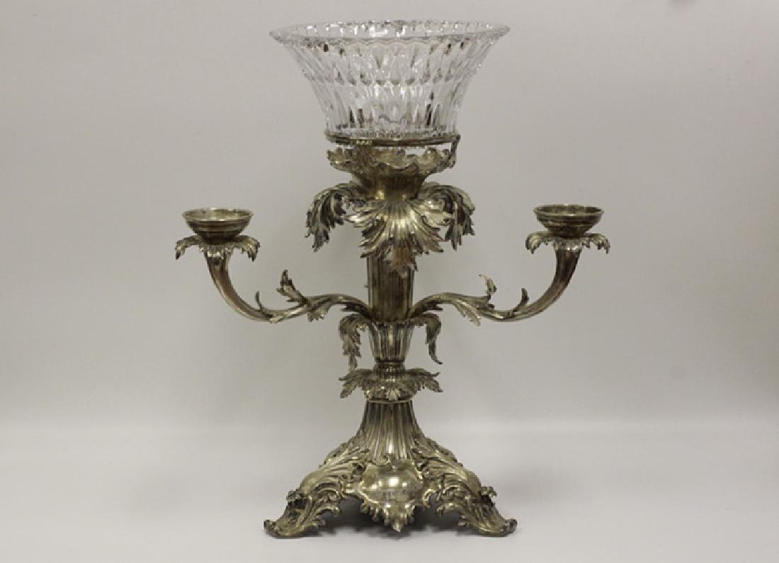 Large Silver Plated Epergne/Centerpiece w/ Glass: Large Silver Plated Epergne/Centerpiece w/ Glass Main Bowl Inscribed "Hebrew Congregation" Fully Marked. Dimensions- Total H-21.5" Dia-17"