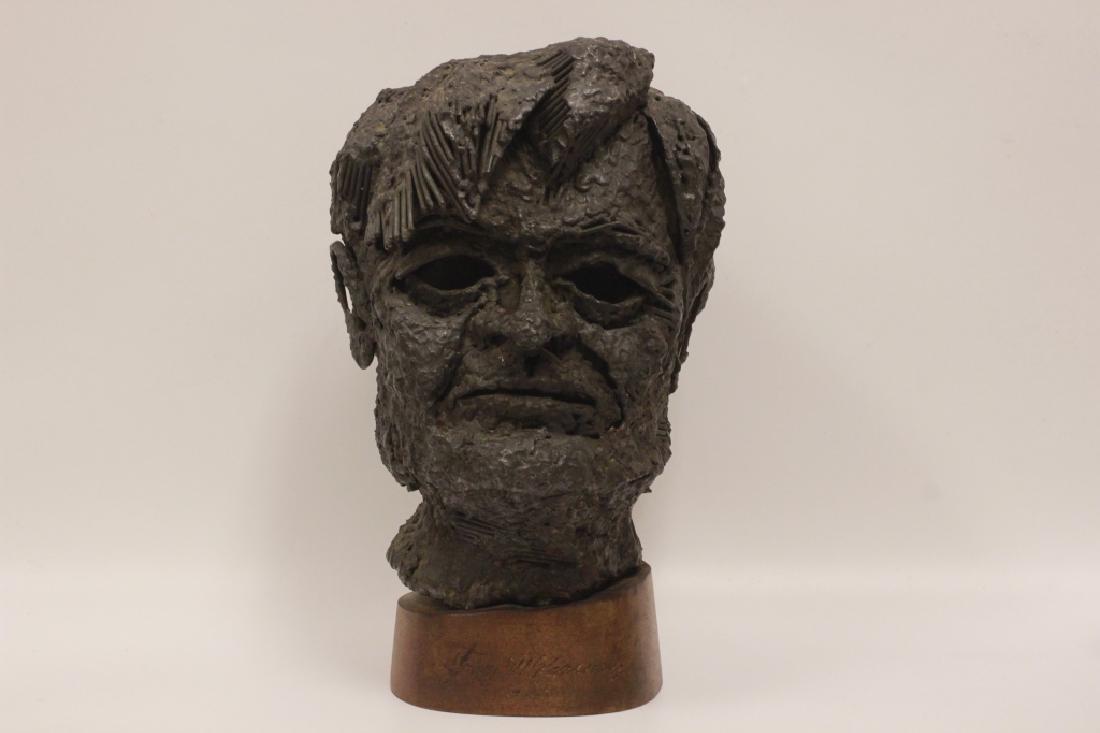 Large Metal Sculpture of a Head Signed: Large Metal Sculpture of a Head Signed John W. Kearney 1962. Height Including Wood Base 14". Looks like Abraham Lincoln.