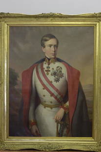 Large 19thC Oil on Canvas of German King: Large 19thC Oil on Canvas of German King. Signed and dated.Signature barely legible. Dimensions w/o Frame- W-33" x L-43". Dimensions w/ Frame W-40" x L-52".