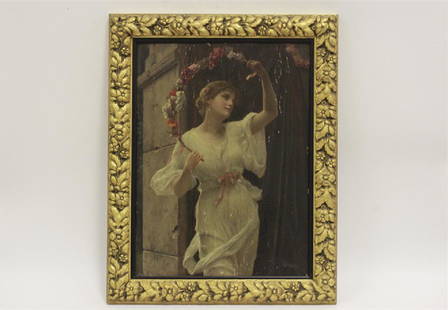 Alfred Seifert (Czech, 1850-1901) Woman Dancing: Alfred Seifert (Czech, 1850-1901) Woman Dancing w/ Floral Garland. Oil on wood. Signed Lower Right. Framed. Dimensions w/ Frame L-24" x W-19". Dimensions w/out Frame- L-19" x W-14".