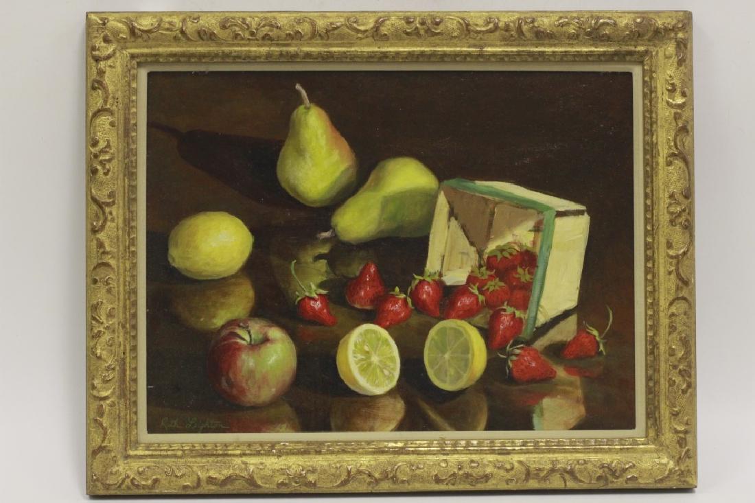 Oil on Board of Fruits Signed Ruth Leighton: Oil on Board of Fruits Signed Ruth Leighton. Dimensions w/ Frame- L-15" x W-19". Dimensions w/out Frame- L-12" x W-16".