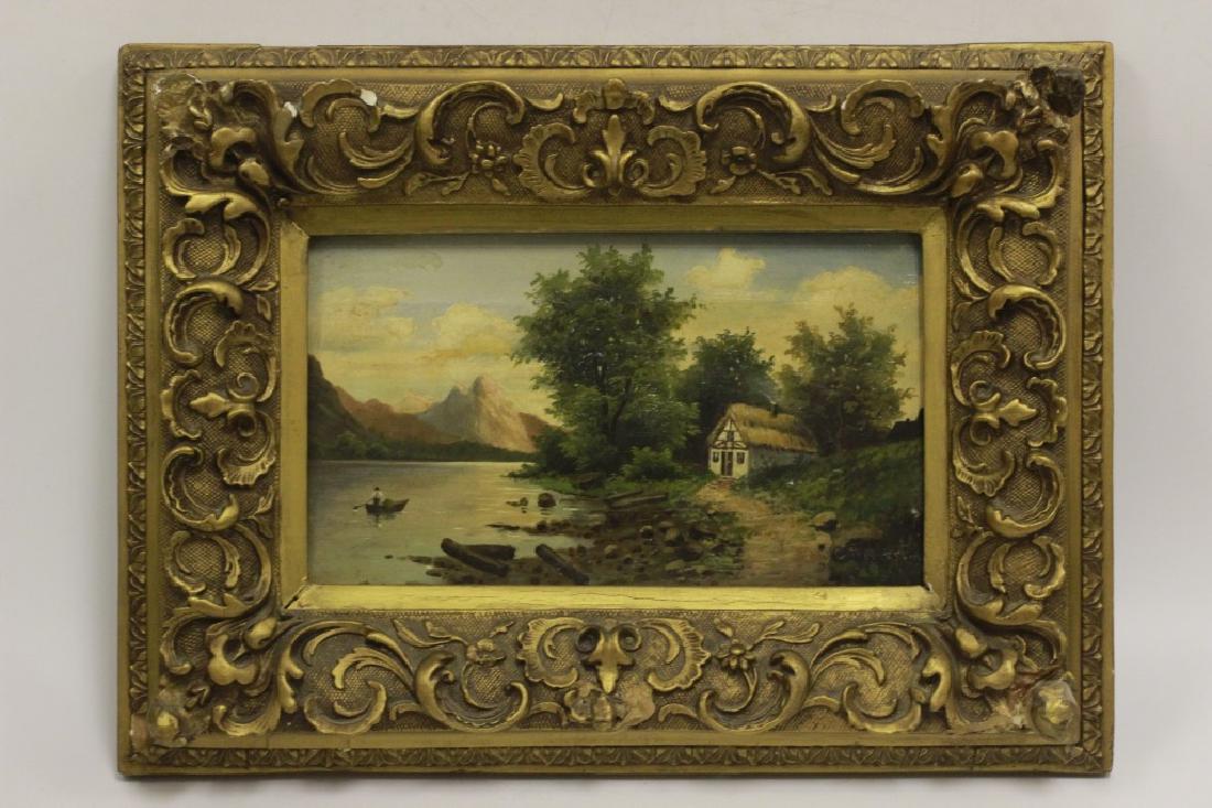 Oil on Canvas Painting of Man Fishing: Oil on Canvas Painting of Man Fishing w/ Mountain View in Gold Gilt Frame. Dimensions w/ Frame- L-19" x W-13.5". Dimensions w/out Frame- L-12.5" x W-7"