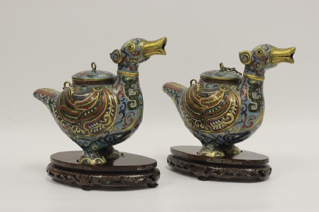 Pair of Cloisonne Birds w/ Lids on Wooden Stand (1 of 5)