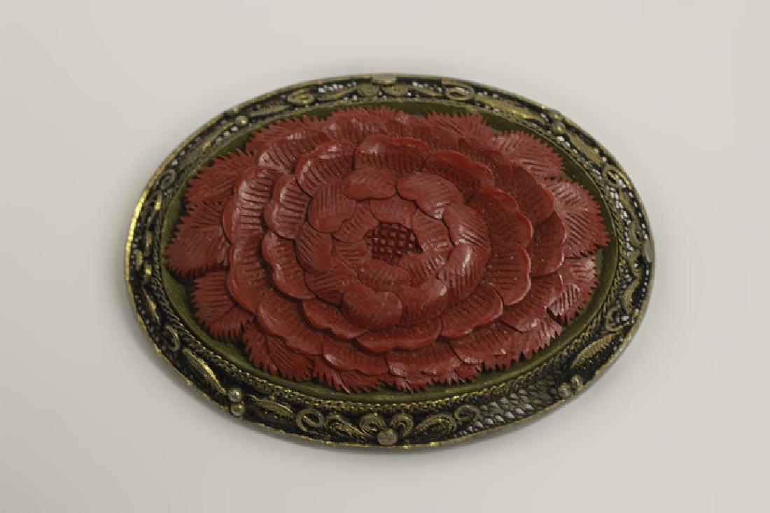 Chinese Silver Filigree Cinnabar Brooch (1 of 4)