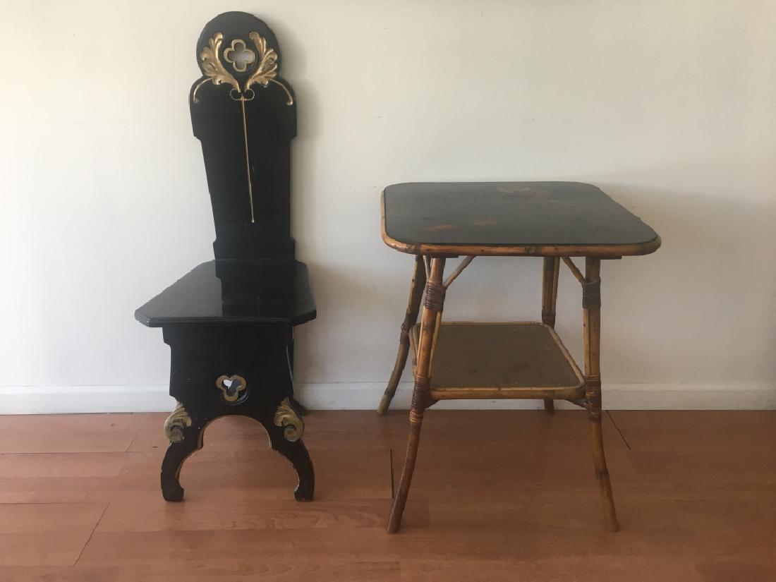 1 Wooden Chair & 1 Rattan Hand Painted Table: 1 Black/Gold Wooden Chair & 1 Rattan Hand Painted Table. Dimensions- Table- H-25", 20"Sq.