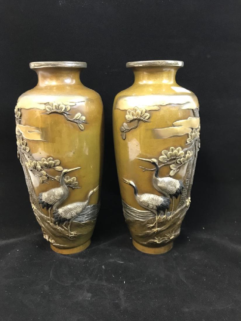 Pair of Japanese Meiji Period Mixed Metal Vases (1 of 6)