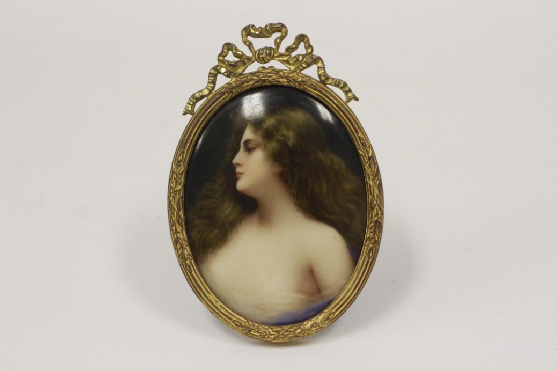 Miniature Hand Painted Plaque, w/ Bronze Frame: Miniature Hand Painted Plaque, w/ Bronze Frame, Signed Wagner. Dimensions- w/ Frame- H-4.5" x W-2.75". Plaque- H-3.25" x W-2.5".
