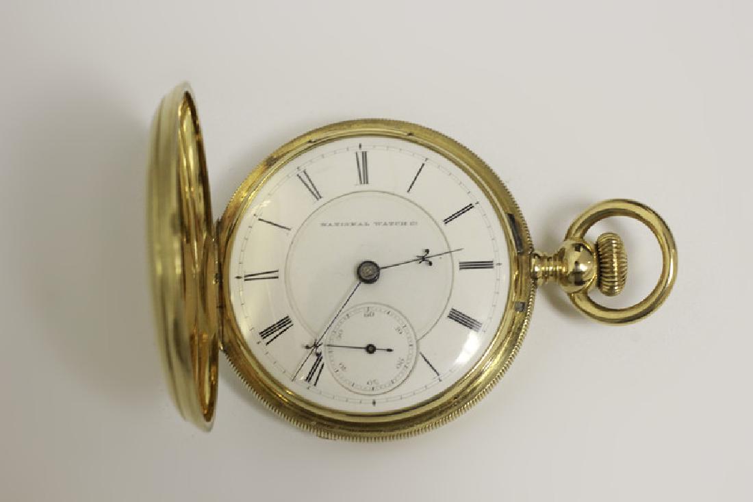 Elgin 18K Gold Pocket Watch Movement w/ Abbots: Elgin Pocket Watch Movement w/ Abbots Conversion. Case is 18K Gold Marked B. M CC & Company. Generally Good Condition. Dial is Double Sunk and Marked National Watch Company. Total Weight- 155.9g
