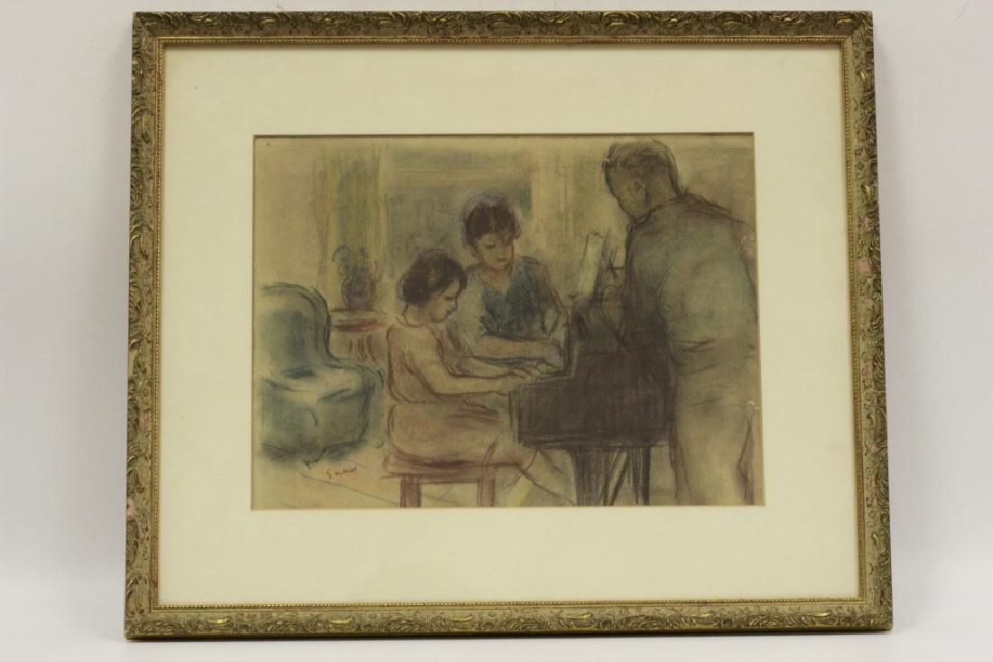 Pastel & Watercolor on Paper of Piano Lesson: Pastel & Watercolor on Paper of Piano Lesson, Signed Lower Left. Dimensions- Sight- 15" x 11". Frame- 22" x 18".