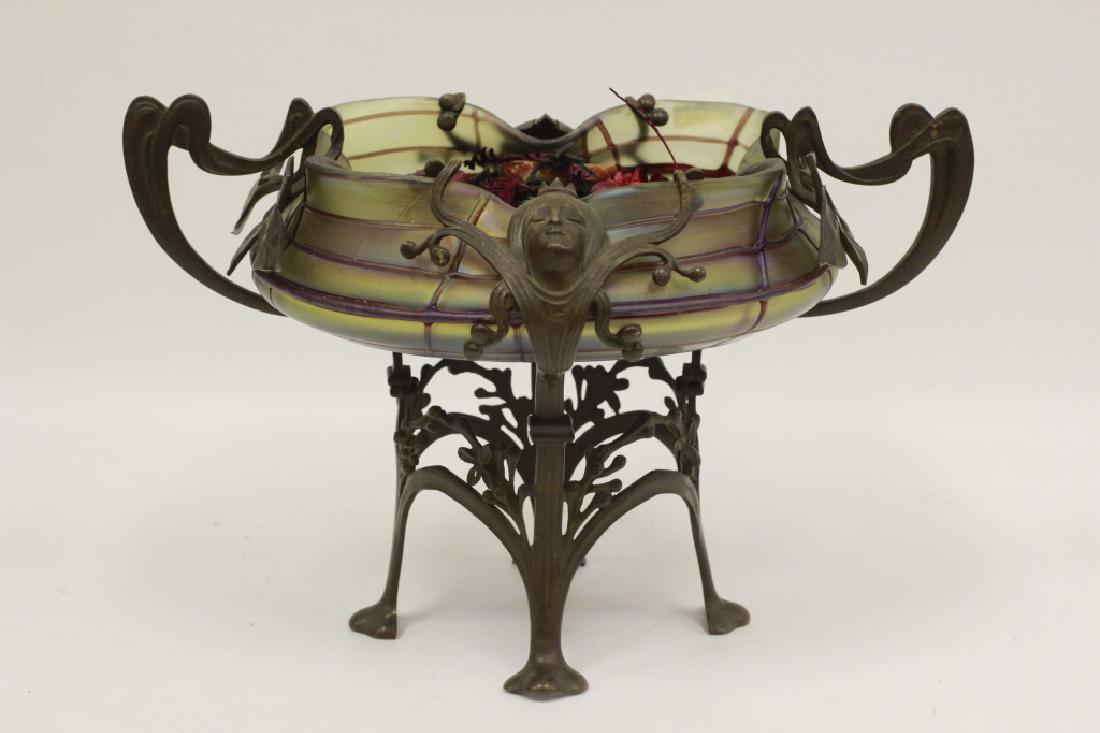 Art Nouveau Glass & Bronze Centerpiece, Loetz Styl: Art Nouveau Glass & Bronze Centerpiece, Loetz Style. Dimensions- H-7" x W-11".