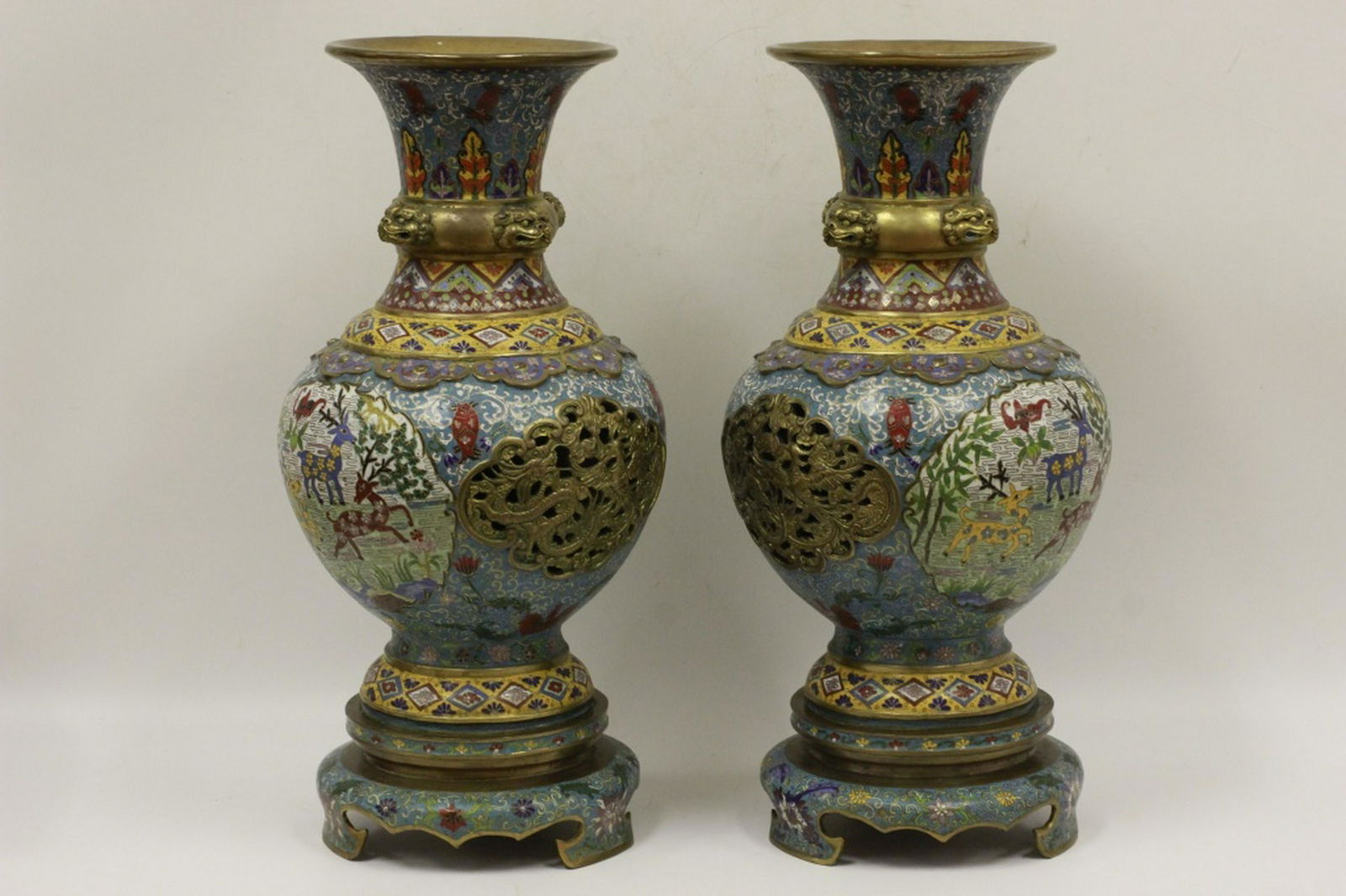 Pair Large Chinese Bronze Cloisonne Chapelve Vases (1 of 8)