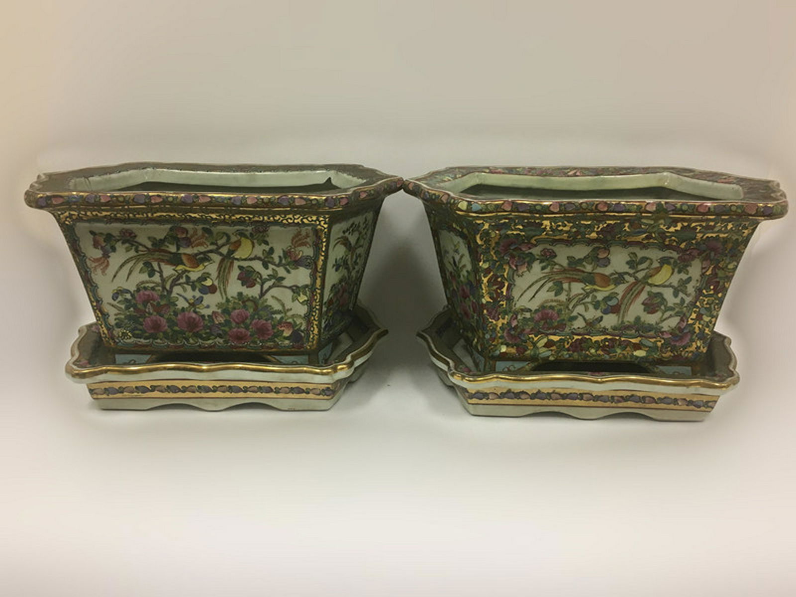 Chinese Pair of Porcelain Planters w/ Under Plates (1 of 6)