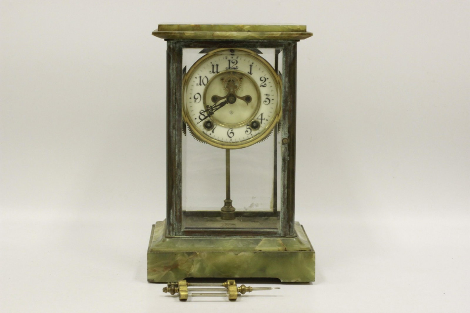 Ansonia Crystal & Onyx Regulator Clock: Ansonia Crystal & Onyx Regulator Clock. Provenance From a New Jersey Collection. Overall Good Condition. Dimensions- W-7.5" x D-6" x H-11.5".