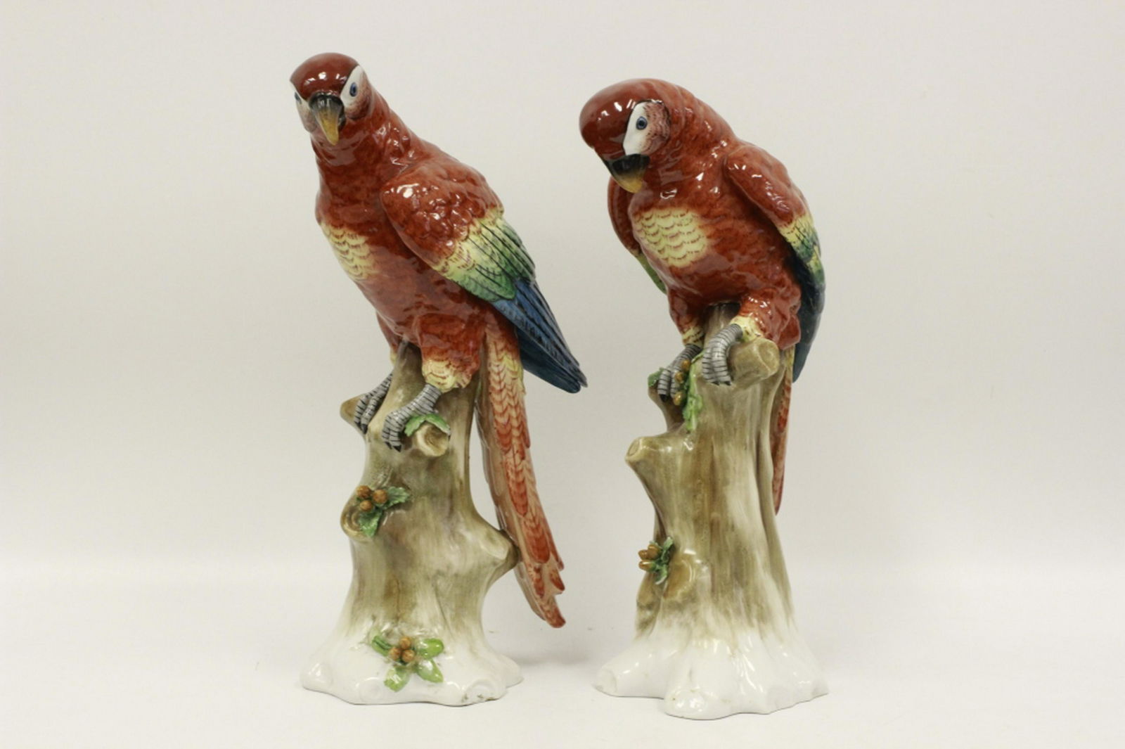 Pair of Large Dresden Polychrome Parrot on Branch (1 of 6)