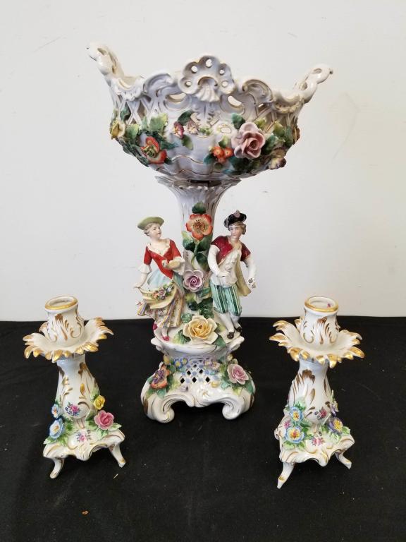 Lot of German Dresden Items Including a Centerpiec: Lot of German Dresden Items Including a Centerpiece & a Pair of Candlesticks. Minor Chips & Losses. Dimensions of Centerpiece- H-16" x W-9" x L-7".